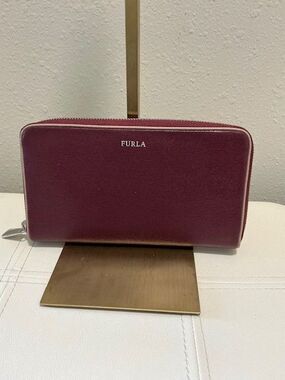 Furla Maroon Signature Babalon Long Zip Around Wallet with tan piping